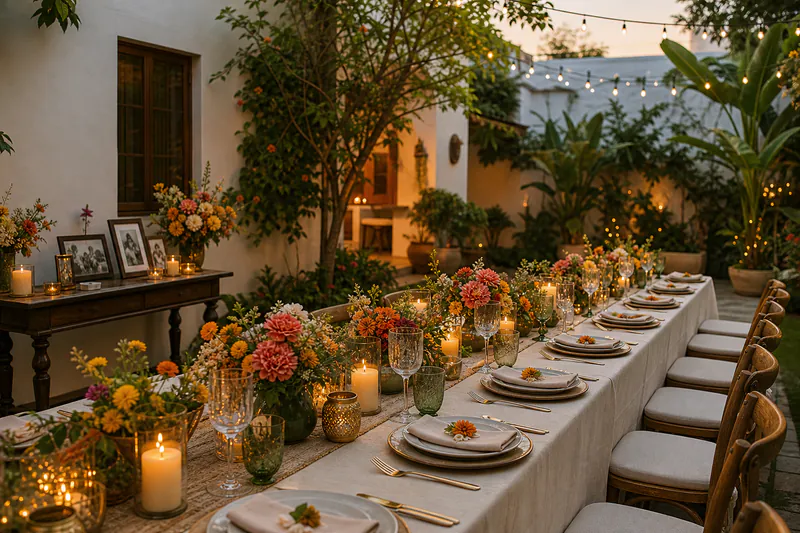 A flower-filled garden celebration table glowing just before guests arrive