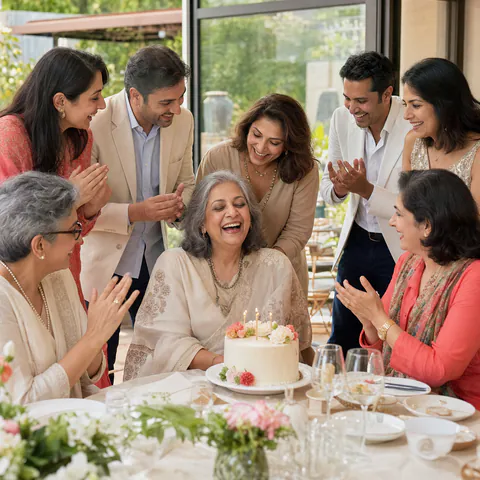 An older Indian woman laughing as adult family and friends celebrate her milestone birthday