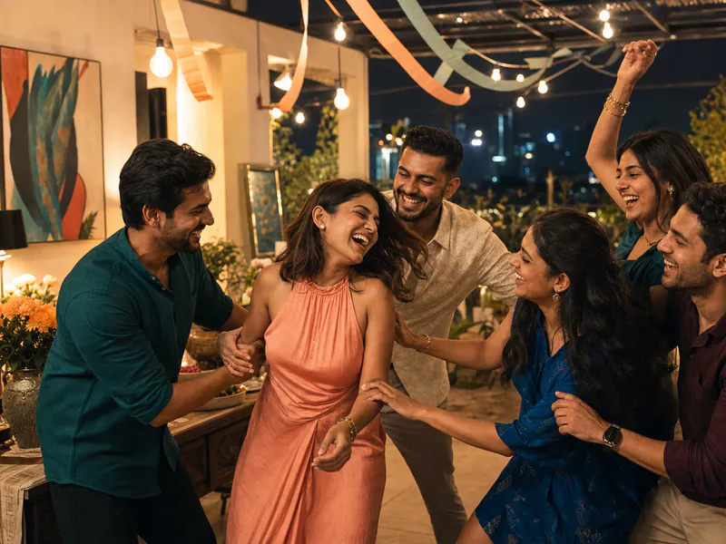 Young Indian friends sharing a spontaneous dance during a rooftop celebration