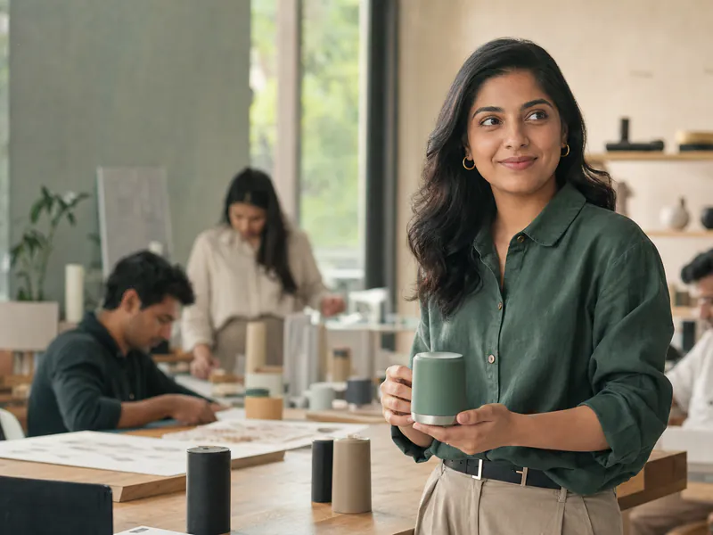 A successful young Indian woman founder holding a finished product in her design studio