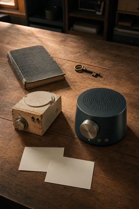 An early handmade prototype beside the refined product it eventually became, with a worn notebook and workshop key