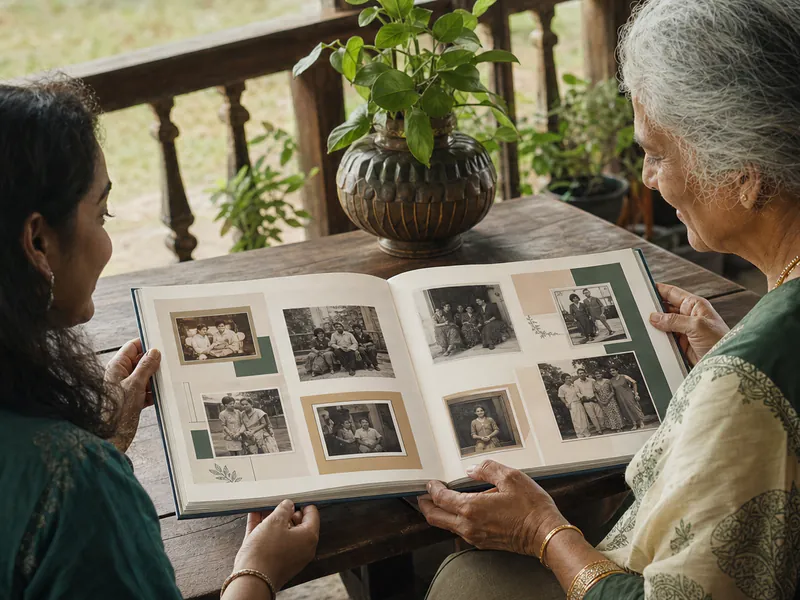 An older Indian woman and her daughter looking through an open Life Story book