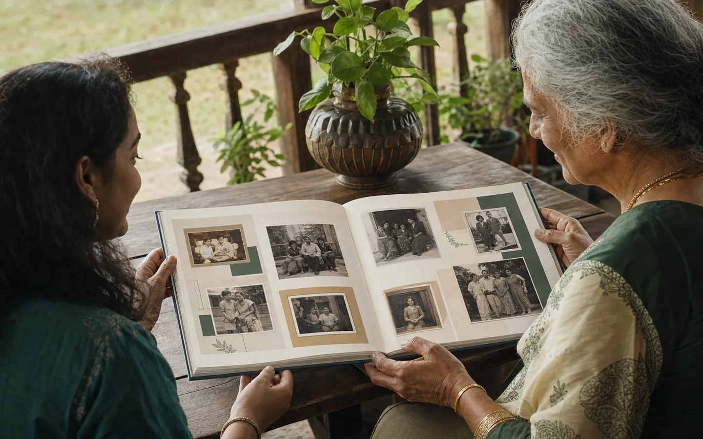 An older Indian woman and her daughter looking through an open Life Story book