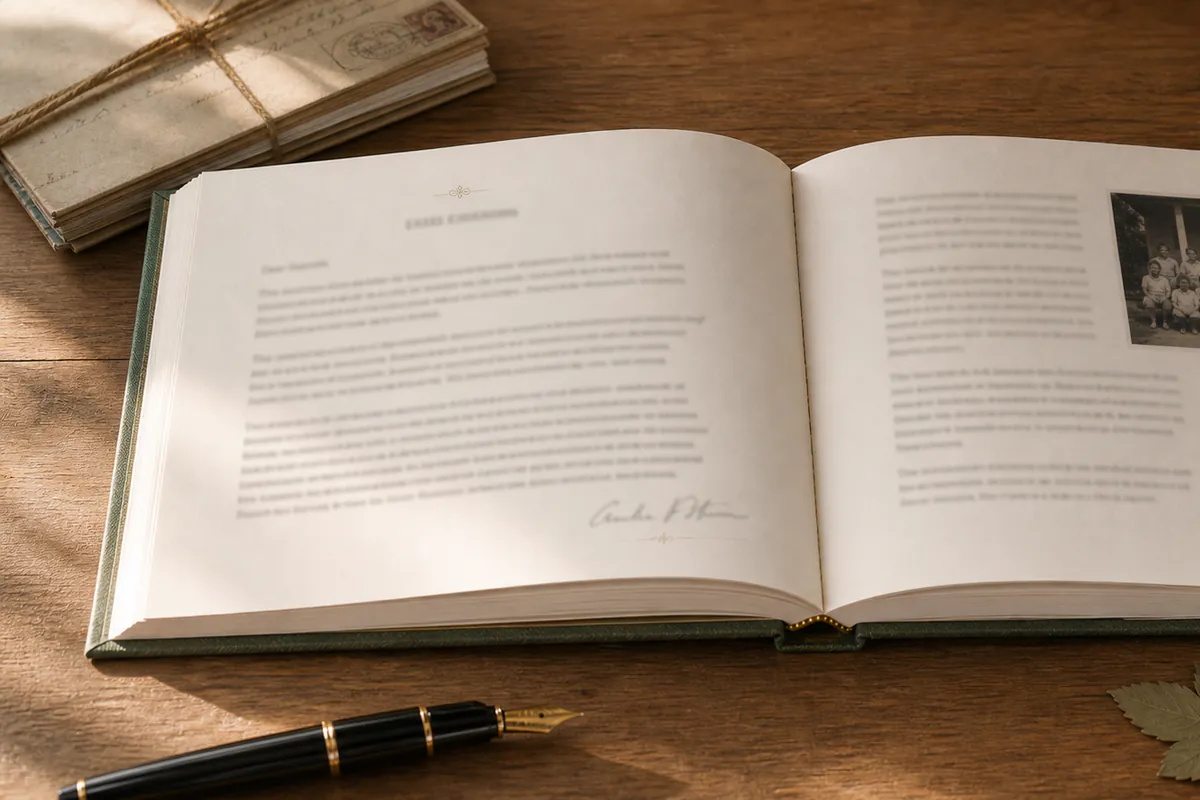 An open Parent to Child Letters spread with written letters, family photographs and envelopes