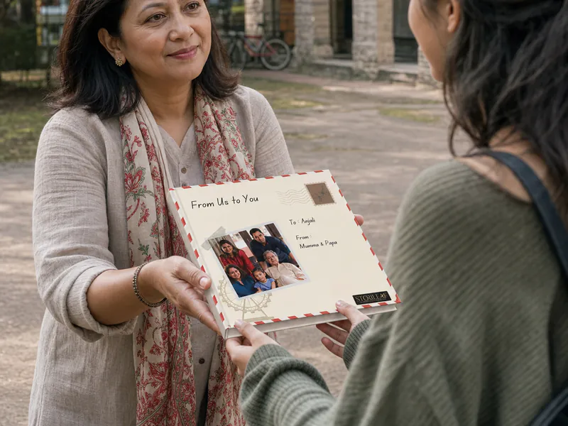A north-east Indian mother giving a square Parent to Child Letters book to her adult daughter