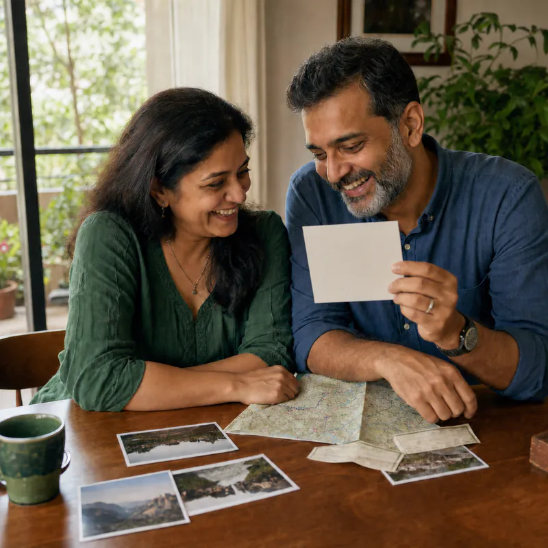 An Indian couple at home revisiting photographs from a meaningful journey