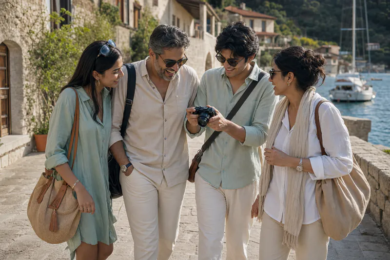 An Indian family with young adult children sharing a photograph during a Mediterranean holiday