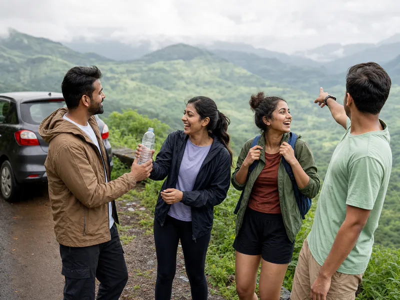 Four young Indian friends sharing a spontaneous moment during a Western Ghats road trip