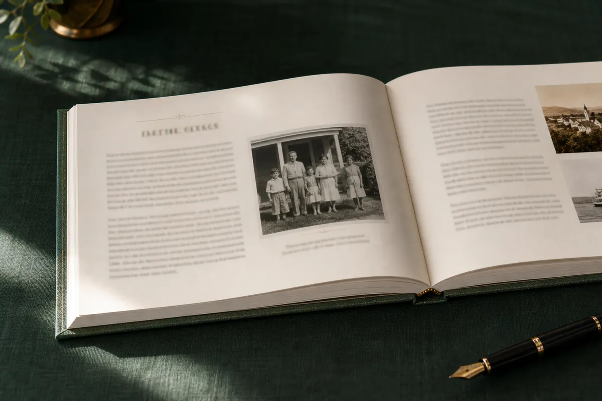 An open square-format Life Story spread combining narrative text and family photographs