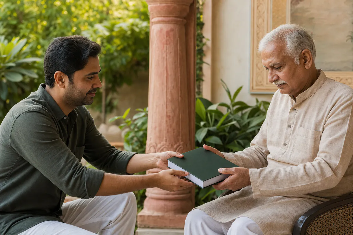 An adult son giving his father a finished square story book with its plain back facing the camera