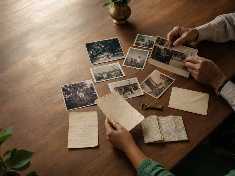 Two family members sorting photographs, notes and keepsakes before beginning a memoir