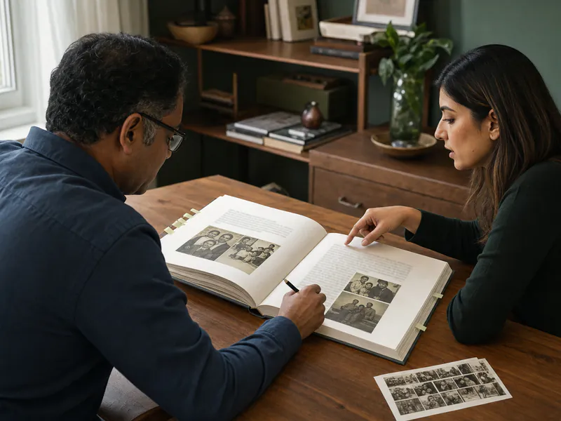 A customer and editor reviewing an open square-format memoir proof together